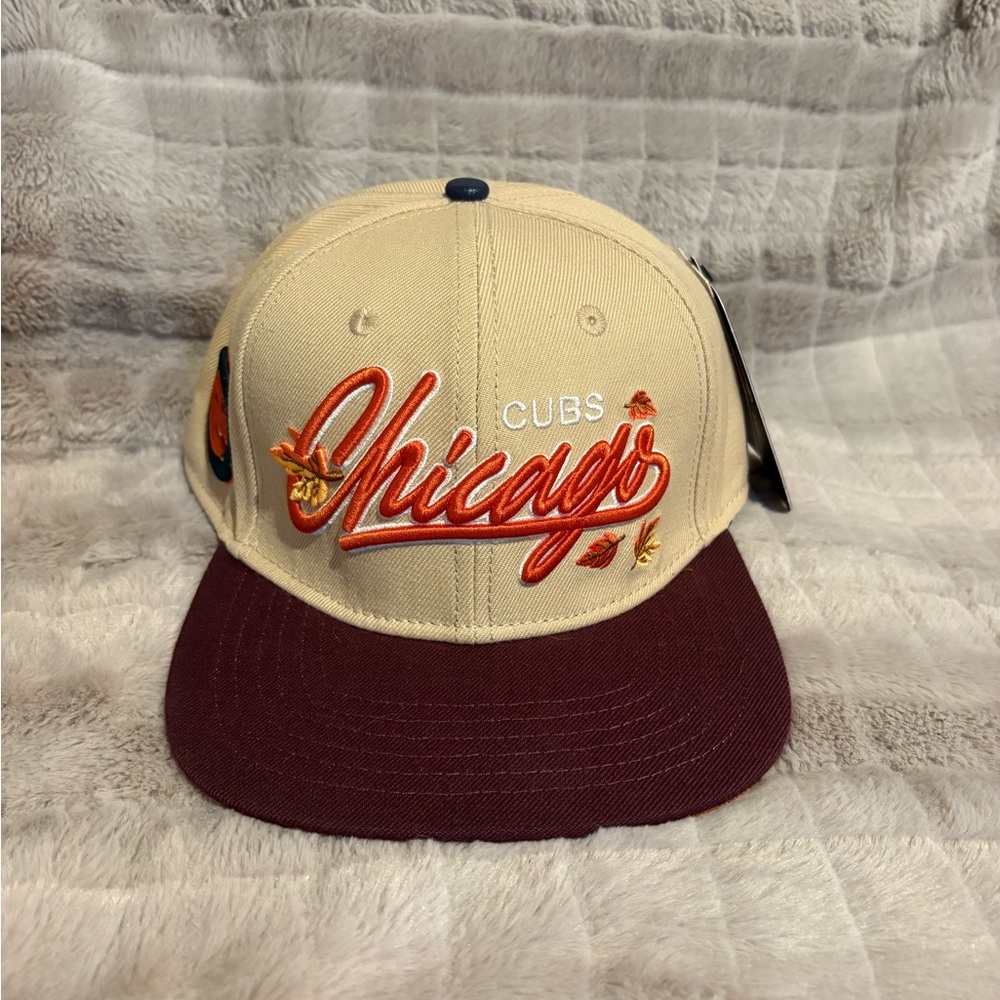 Chicago Cubs Script Logo Fall Snapback Hat - Beige & Maroon